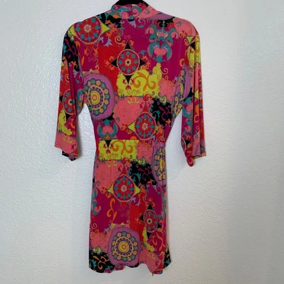 JOSIE Natori Short Robe Size Small Multicolor Print Boho Whimsy Hippie Pink - Picture 9 of 14